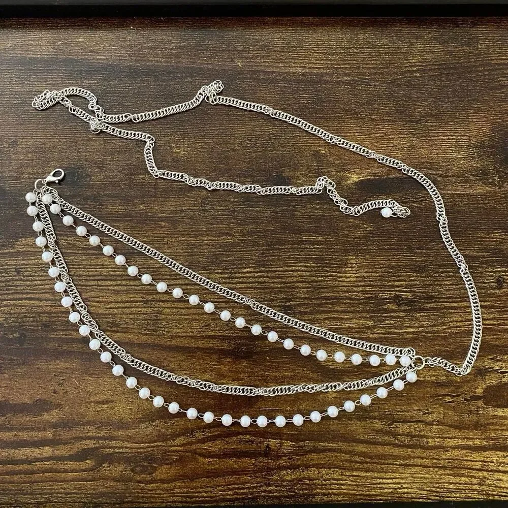Silver Layered Faux Pearl Draped Waist Chain Belt, Fits 11-39 Inches, X7GA1346